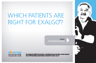 A slide from a presentation slide titled "Which patients are right for EXALGO?". The slide has a blue background with white text. On the right side of the slide there is a black and white photo of a man with a mustache and glasses. He is wearing a suit and tie and appears to be in his late 60s or early 70s. The text on the slide reads "Exalgo" in bold capital letters. Below the photo there are two buttons - "Side-by-side" and "Side Effects".