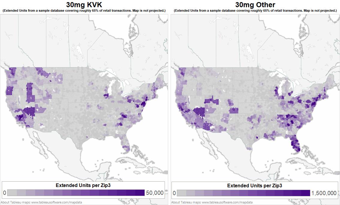 Two maps of North America with a focus on the United States of America. It shows the borders of each county. Each county is filled in with different shades on a gradient from grey to purple. The map on the left is titled "30mg KVK" and the map on the right is titled "30mg Other". Under each title there is a disclaimer that reads "(Extended Units from a sample database covering roughly 65% of retail transactions. Data is not projected.)" A key shows that the color represents extended units per Zip3 with grey indicating 0 units and the darkest color purple indicating up to 50000 units for the map on the left and 1500000 units for the map on the right. A footer on the map indicates that the graphic was created in Tableau. 