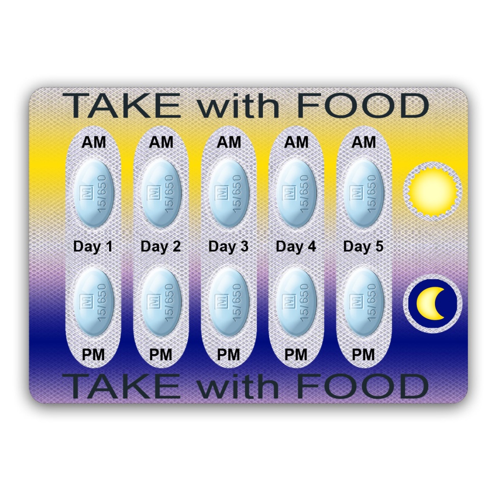 A rectangular card with a yellow and purple gradient background. On the top and bottom of the card there is text that reads "TAKE WITH FOOD" in bold black letters. Below the text there are six blue pills arranged in a row each with a different day of the week written on them. On the right side of the image there appears to be a yellow sun and a blue moon. The overall design is simple and minimalistic.