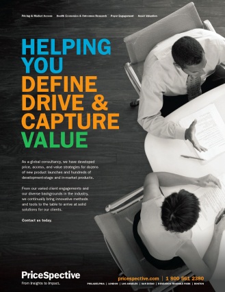 An advertisement for a company called PriceSpective. The background is black and white and the text is in orange and yellow. The text reads "Helping you define drive & capture value". <br /><br />In the center of the image there is a man and a woman sitting at a desk both looking at a document. The man is wearing a suit and tie and appears to be explaining something to the woman. The woman is sitting at the desk with her back to the camera looking at the document with a serious expression.<br /><br />The text on the image reads "A global consultancy we have developed a comprehensive approach to drive and capture value." This suggests that the company offers a comprehensive range of services to help businesses reach their goals and objectives. The company's logo is also visible in the bottom right corner.