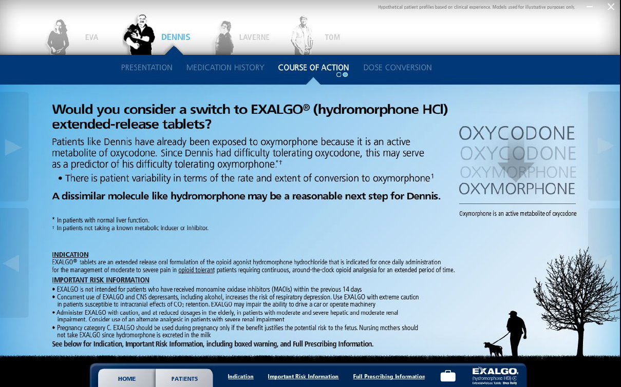 A screenshot of the homepage of a website called "Exalgo® Hydromorphone HCI Extended-release Tablets". The website has a blue and white color scheme with a blue header and footer. The header has the company's logo and contact information at the top. Below the header there is a section titled "Presentation" "Medication History" "Course of Action" and "Dose Conversion". <br /><br />The main content of the page is divided into three sections. The first section is titled "Would you consider a switch to EXALGO® hydromorphone HCI extended-release tablets?" and has a brief description of the product. The second section has an image of a person walking a dog on a leash with a tree in the background. The third section has a list of options for the product including "Oxycodone" and "Oxymorphone".<br /><br />At the bottom of the image there are two buttons - "Home" and a "About Us" button.