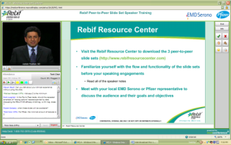 A screenshot of a webpage from the Rehab Resource Center website. The webpage is titled "Rebit Peer-to-Peer Slide Set Speaker Training" and has a picture of a man in a suit and tie on the left side. On the right side of the page there is a text that reads "Visit the Rehab Resources Center to download the 3 peer-to -peer slide sets. Familiarize yourself with the flow and functionality of the slide sets before your speaking engagements. Meet with your local EMD Serrano or Pilar representative to discuss the audience and their goals and objectives." <br /><br />At the top of the webpage there are several tabs for different settings and options including a search bar a menu bar and a toolbar. There is also a link to the website's website for more information.