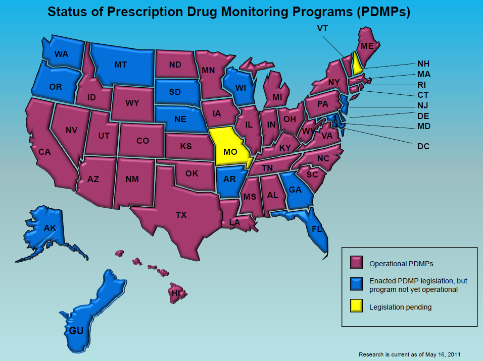 A map of the United States showing the status of prescription drug monitoring programs (PDMPS) in each state. The map is color-coded with each state colored in a different shade of pink blue and yellow. The states are labeled with the names of the programs such as "Operational PDMPs" "Enacted PDMP legislation" and "Legislation pending". The map also includes a legend that explains the different colors used to represent each program. The background of the map is a light blue color.