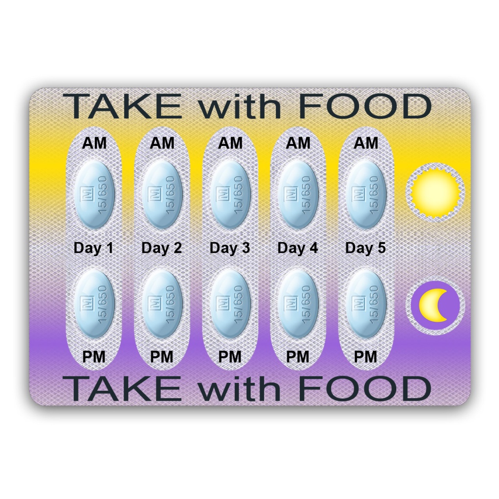 A rectangular card with a purple and yellow gradient background. On the top and bottom of the card there is text that reads "TAKE WITH FOOD" in bold black letters. Below the text there are six oval-shaped pills arranged in a grid-like pattern. Each pill has a different color - blue green yellow and purple. The pills are labeled with the days of the week - AM AM Day 1 Day 2 Day 3 Day 4 Day 5 Day 6 Day 7 Day 8 Day 9 Day 10 Day 11 Day 12 Day 13 Day 14 Day 15 Day 16 Day 17 Day 18 Day 19 Day 20 Day 21 Day 22 Day 23 Day 24 Day 25 Day 26 Day 27 Day 28 Day 29 Day 30 Day 31 Day 32 Day 33 Day 34 Day 35 Day 36 Day 37 Day 38 Day 39 Day 40 Day 41 Day 42 Day 43 Day 44 Day 45 Day 46 Day 47 Day 48 Day 49 Day 50 Day 51 Day 52 Day 53 Day 54 Day 55 Day 56 Day 57 Day 58 Day 59 Day 60 Day 61 Day 62 Day 63 Day 64 Day 65 Day 66 Day 67 Day 68 Day 69 Day 70 Day 71 Day 72 Day 73 Day 74 Day 75 Day 76 Day 77 Day 78 Day 79 Day 80 Day 81 Day 82 Day 83 Day 84 Day 85 Day 86 Day 87 Day 88 Day 89 Day 90 Day 91 Day 92 Day 93 Day 94 Day 95 Day 96 Day 97 Day 98 Day 99 Day 100 Day 110 Day 111 Day 112 Day 115 Day 116 Day 117 Day 118 Day 130 Day 129 Day 140 Day 125 Day 126 Day 127 Day 131 Day 132 Day 133 Day 134 Day 135 Day 136 Day 175 Day 176 Day 177 Day 178 Day 179 Day 190 Day 181 Day 191 Day 192 Day 229 Day 230 Day 240 Day 235 Day 251 Day 226 Day 227 Day 260 Day 247 Day 258 Day 270 Day 280 Day 285 Day 287 Day 290 Day 301 Day 305 Day 306 Day 307 Day 318 Day 319 Day 320 Day 345 Day 365 Day 370 Day 375 Day 390 Day 411 Day 407 Day 408 Day 402 Day 413 Day 440 Day 450 Day 460 Day 505 Day 500 Day 510 Day 550 Day 610 Day 620 Day 630 Day 650 Day