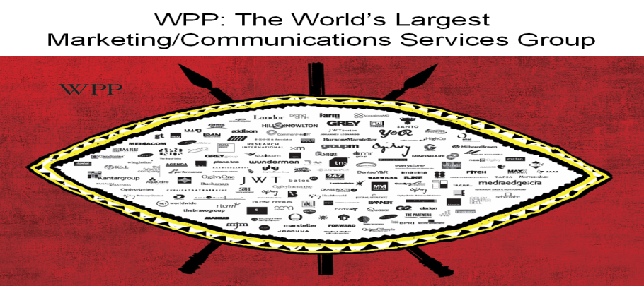 A graphic design that represents the World's Largest Marketing/Communications Services Group (WPP). It is a circular shape with a red background and a yellow border. Inside the shape there are various icons and text arranged in a grid-like pattern. The icons are of different sizes and colors including black white and yellow. The text is written in a bold sans-serif font and is centered in the middle of the image. The overall design is simple and modern with a focus on the WPP logo in the center.