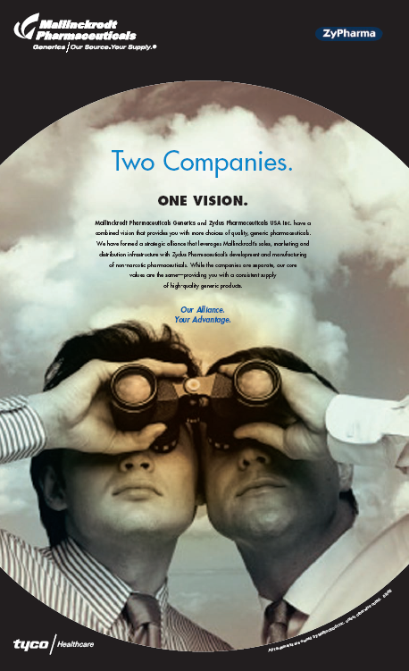 An advertisement for ZyPharma and Tyco Healthcare. The background of the image is a cloudy sky with two men looking through binoculars. The men are wearing suits and ties and appear to be looking through the lenses. The text on the image reads "Two Companies. One Vision." The company's logo is in the top left corner and the company's name is in a smaller font below it. The overall design of the advertisement is modern and professional.