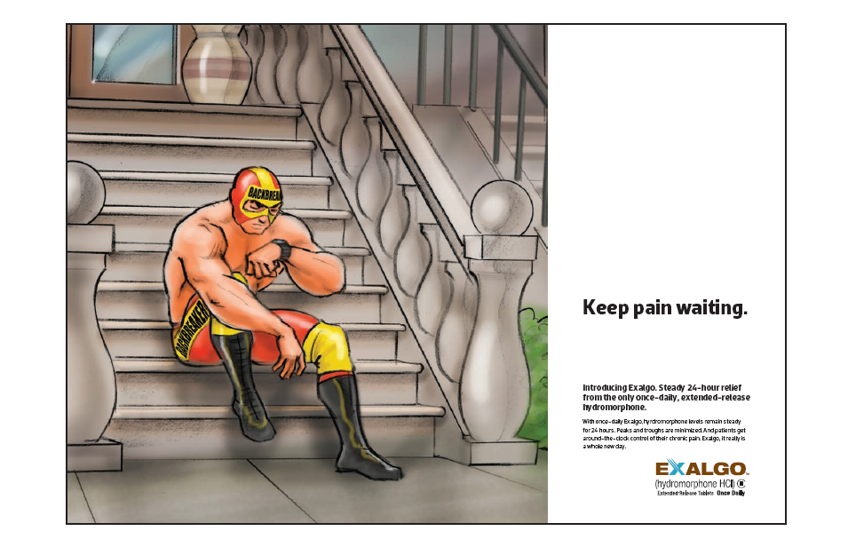 A cartoon illustration of a man sitting on the stairs of a building. He is wearing a red and yellow superhero costume with a mask covering his face and body. He has a muscular build and is sitting with his legs crossed and his hands resting on his knees. The stairs are made of stone and have a railing on one side. There is a vase on the other side of the stairs and a window on the left side. The background is a light blue color. On the right side there is text that reads "Keep pain waiting."