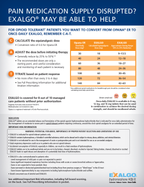 An infographic titled "Pain Medication Supply Disrupted? Exalgo® May be able to help." It is divided into three sections.<br /><br />The first section is titled "For Opioid Tolerant Patients You Want to Convert from Opana ER to Once-Daily Exalgo Remember C-A-T." It explains that the image is related to pain medication supply disruption and provides information on how to calculate the dosage before initiating therapy. The second section has a table that shows the number of patients who have been affected by the treatment. The table has three columns - "Adjust the dosage" and "Titrate based on patient response". The first column has a list of the patient's dosage levels the second column shows the dosage level and the third column displays the percentage of patients that have been treated with the treatment the fourth column shows that the treatment has been approved the fifth column shows how the treatment is approved and finally the sixth column shows what the treatment will look like. The infographic also has a logo of the company "Exalgo" at the bottom right corner.