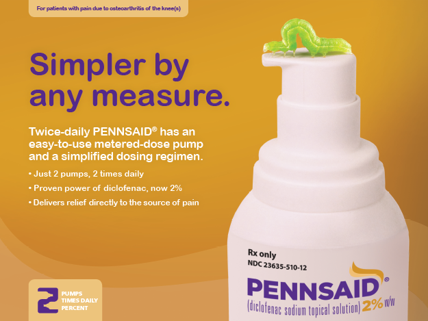 An advertisement for a product called "Pennsaid". The background is orange and the product is white. On the right side of the image there is a bottle of the product with a green caterpillar on top of it. The text on the image reads "Simpler by any measure. Twice-daily Pennsaid has an easy-to-use metered-dose pump and a simplified dosing regimen. Just 2 pumps 2 times daily. Proven power of diclofenac now 2%. Delivers relief directly to the source of pain." The text also mentions that the product can be used to relieve pain and discomfort.