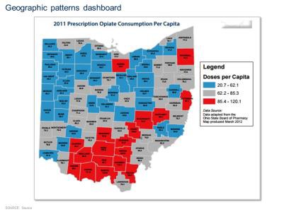 A map of the state of Ohio titled "2011 prescription opiate consumption per capita." The map is broken into smaller regions possibly counties and color-coded with different shades representing different doses per capita. According to the legend the blue represents 20.7-62.1 doses per capita the grey represents 62.2-85.3 doses per capita and the red represents 85.4-120.1 doses per capita. There is also text that reads "Geographic patterns dashboard". 