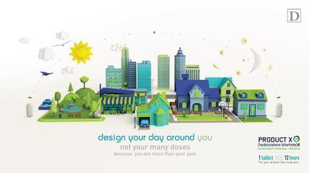 An illustration of a small town with a variety of buildings and structures. The town is made up of different types of buildings including skyscrapers houses and parks. The buildings are in different colors and styles including blue green and yellow. There are also trees bushes and a fountain in the center of the town. The sky is blue with a few clouds and there is a yellow sun in the top left corner. The text on the image reads "design your day around you not your many doses because you are more than your pain" and "Product X" in the bottom right corner.