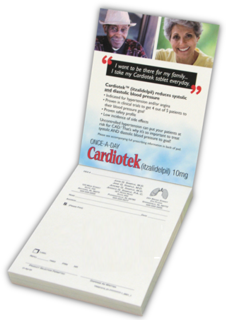 A photograph of a brochure or flyer for Cardiotek. The brochure is folded in half with the front facing towards the left side of the image. The front of the brochure has a white background with a photo of a man and a woman on the top left corner. The man is wearing a cowboy hat and the woman is smiling at the camera. Below the photo there is text that reads "I want to be there for my family. I take my Cardiotek tablet everyday." <br /><br />The brochure also has a list of information about the product including the product name dosage and instructions on how to use it. The text is written in black font and is divided into two sections. The top section has a blue header with the company name and contact information. The bottom section has the product's logo and a brief description of the product.<br /><br />Overall the image appears to be a promotional brochure for the company with a modern and professional design.