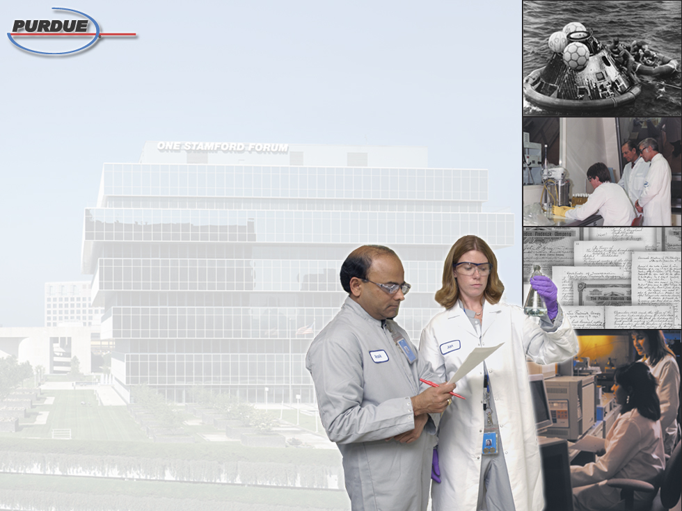 A collage of three different elements. On the left side there is a black and white photo of a large building with the word "PURDUE" written on it. The building appears to be a hospital or a medical facility. In the center there are two people a man and a woman standing in front of the building. The man is wearing a gray lab coat and glasses and is holding a clipboard while the woman is wearing white lab coats and purple gloves. They are both looking at a piece of paper and appear to be discussing something.<br /><br />On the top right corner of the collage on the top left corner it is a close-up of a group of people working in a laboratory. The background is blurred but it seems like the building is surrounded by trees and greenery. The overall mood of the image is professional and modern.