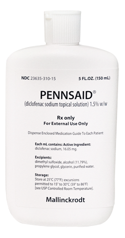 Of a white plastic bottle with a white cap. The label on the bottle reads "PENNSAID (diclofenac sodium topical solution) 1.5% w/w" and "Rx only for external use only". Below the label there is a description of the product. The bottle contains 5 fl. oz. (150 ml) of the solution. The brand name "Mallinckrodt" is written in black text at the bottom of the label.