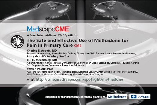 A promotional poster for a free internet-based CME spotlight on the Safe and Effective Use of Methadone for Pain in Primary Care CME. The poster has a black background with white text. The title of the spotlight is written in bold capital letters at the top of the poster. Below the title there is a subtitle that reads "A Free Internet-Based CME Spotlight" in smaller white letters. <br /><br />On the right side of the image there are two images one of a surgical instrument and the other of a patient's hand. The instruments appear to be made of metal and have a curved shape.