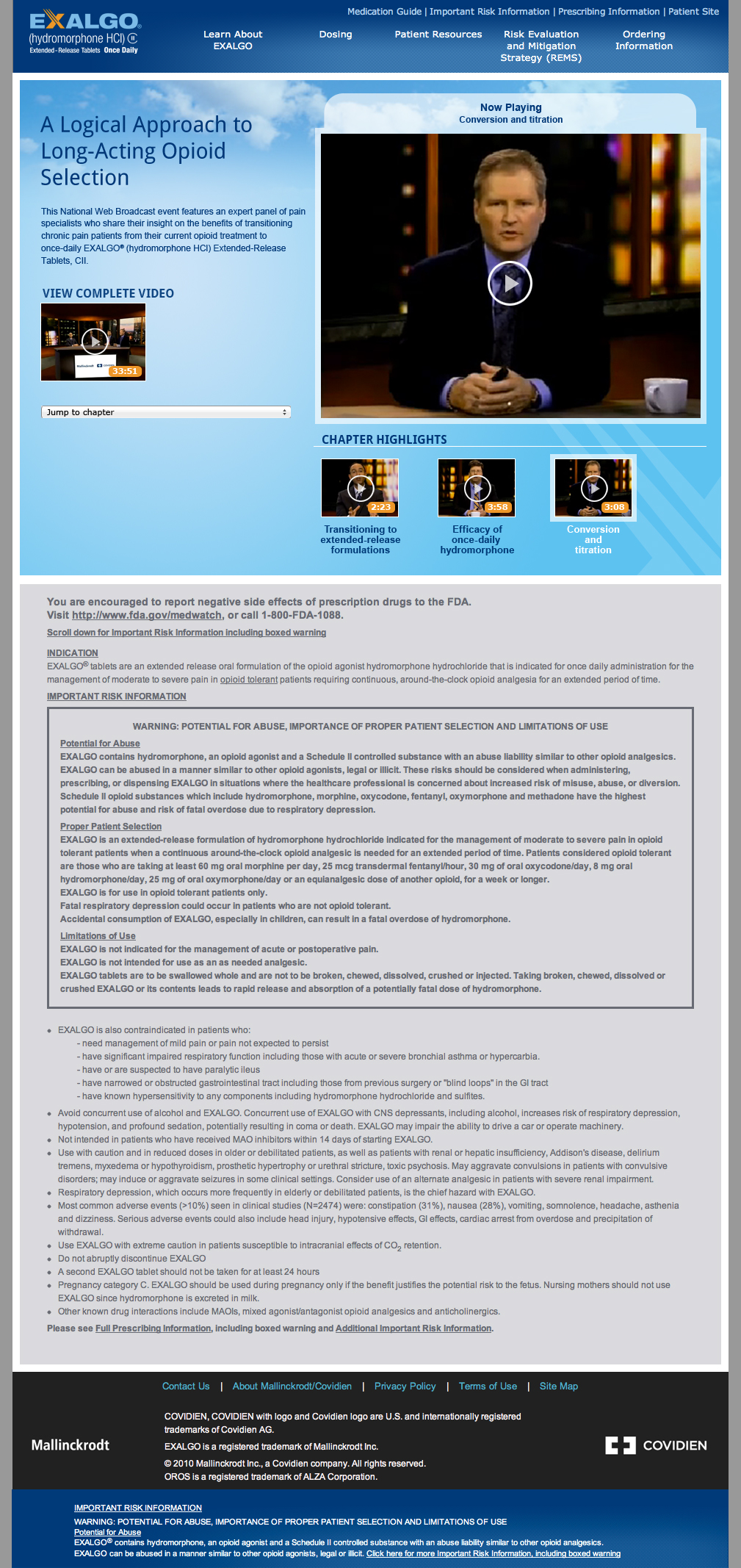 A screenshot of the homepage of a website called "Exalgo.com". The website has a blue and white color scheme with a blue header and footer. The header has the company's logo and contact information at the top. Below the header there is a navigation bar with links to different sections of the website.<br /><br />The main content of the page is divided into two sections. The top section has a photo of a man in a suit and tie who appears to be a news anchor. He is looking directly at the camera with a serious expression on his face. The bottom section has an article titled "A Logical Approach to Long-Acting Opioid Selection" with a brief description of the article and a link to a video about the article. The article is accompanied by a brief explanation of the topic and a section on the right side of the image.