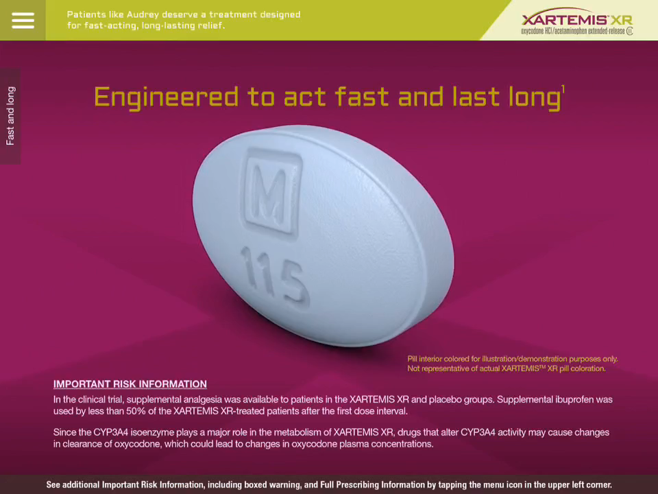 An advertisement for a medication called XARTEMIS XR. The advertisement features a white oval-shaped pill with the letter "M" on it and the number 115 on it. The pill is placed on a pink background. Below the pill there is text that reads "Engineered to act fast and last long" and "Important Risk Information". <br /><br />At the top of the advertisement there are two buttons - "Patients like Audrey deserve a treatment designed for fast-acting long-lasting relief" and a link to the XARTEMS XR website.