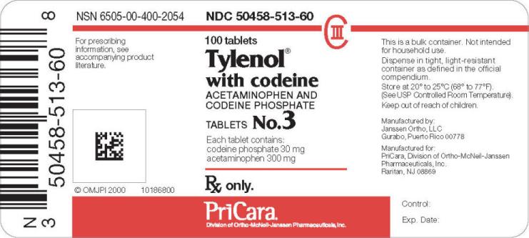 A label for a product called "Tylenol with codeine acetaminophen and codeine phosphate tablets No.3". The label is rectangular in shape and has a white background with black text. On the left side of the label there is a barcode and a QR code. The label also has a red circle with the company's logo in the top left corner. <br /><br />The label also includes information about the product including the product name dosage and other details. The product name is written in bold black letters at the top followed by the product description in smaller black letters. Below the description there are two lines of text that read "For prescribing information see accompanying product literature."<br /><br />On the right side of this label it states that the product is a bulk container not intended for household use. The container is labeled "This is a light-resistant container. Store at 20°C to 25°C (68°C) temperature. Keep out of reach of children. Manufactured by: Janssen Ortho LLC Guadalupe Puerto Rico USA. Manufacturers of Ortho-Mediterranean Inc.