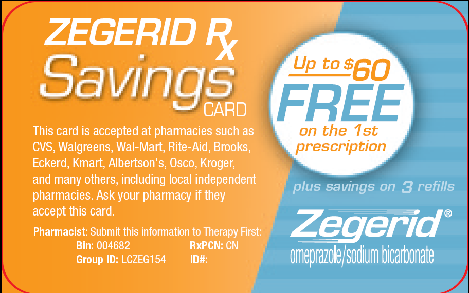 An advertisement for a Zegerid Rx Savings Card. The card is up to $60 free on the 1st prescription. The background of the card is orange and the text is in white. On the right side of the image there is a blue circle with the text "Up to 60 FREE" in white and "Plus savings on 3 refills" in blue. Below the text there are two buttons - "Pharmacist: Submit this information to Therapy First" and "Group ID: LCZEG154". The card also has a link to the pharmacy's website.