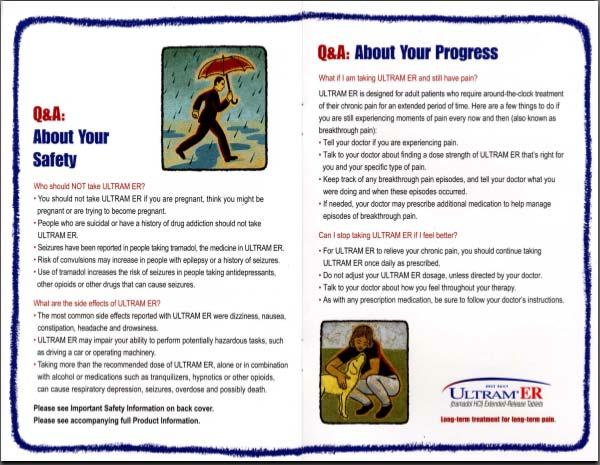 An infographic with the title "Ultram ER Q&A: About Your Progress". It is divided into two sections : "About Your Safety" and "About Your Progress". It includes color illustrations of a person walking in the rain with an umbrella and a person squatting down to pet a dog. The background is in white with a blue border with text in multiple colors.