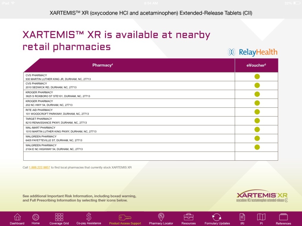 A screenshot of a webpage from the RelayHealth website. The webpage is titled "Xartemis™ XR is available at nearby retail pharmacies". The webpage has a purple header with the company's logo and contact information at the top. Below the header there is a table with three columns. The first column lists the pharmacy's name pharmacy number and other relevant information. The second column shows the pharmacy name and pharmacy number. The third column has a list of the pharmacy locations. The table is divided into three columns with the first column listing the pharmacy and the second column showing the location of the pharmacies.<br /><br />At the bottom of the page there are several icons for the website including a search bar a navigation menu and a home button. The website's logo is also visible at the bottom right corner.