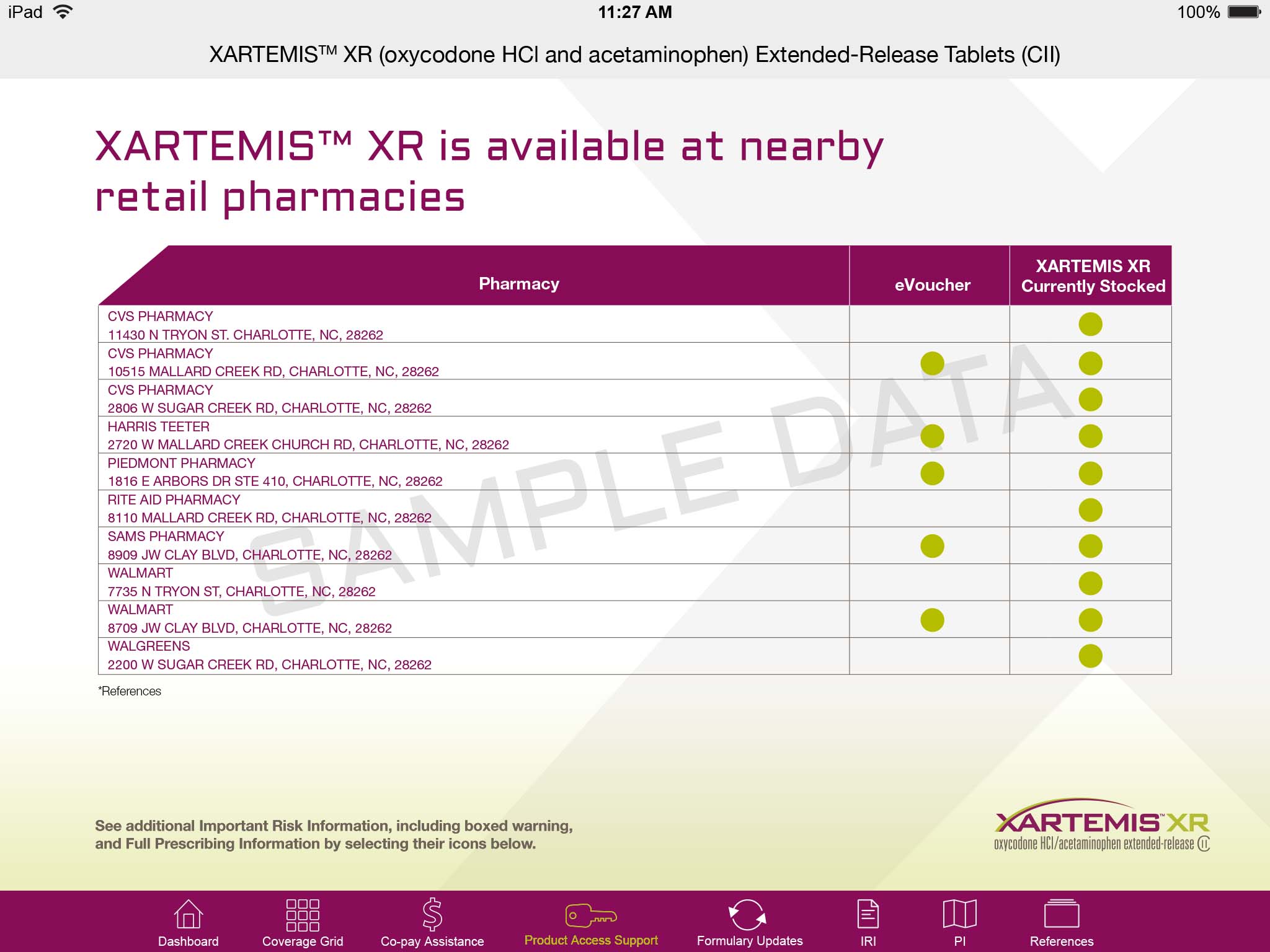 A screenshot of an iPad screen displaying the Xartemis™ XR (oxycodone HCI and acetaminophen Extended-Release Tablets (CII) available at nearby retail pharmacies. The screen has a white background with a purple header and footer. <br /><br />At the top of the screen there is a date and time 11:27 AM and a description of the product. Below the description there are three columns - Pharmacy Voucher and Vouchers. The Pharmacy column lists the pharmacy's name address and contact information while the Vouche column shows the current stock price.<br /><br />On the right side of the image there has a table with three columns each representing a different pharmacy. The first column shows that the pharmacy is currently stocked the second column shows how the pharmacy has been stocked and the third column shows where the pharmacy will be stocked. The table also has a bar graph that shows the percentage of customers who have purchased the product at each pharmacy. At the bottom of the screenshot there will be a link to a website for more information about the product and its availability.