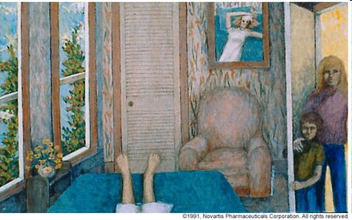 A painting of a room with a window on the left side. The window has a view of a garden outside with trees and flowers. On the right side of the room there is a large armchair with a blue cushion and a white door. Above the armchair there are two framed pictures hanging on the wall. In the center of the image a person's legs are resting on a blue bed with their feet up in the air. A woman and a child are standing next to the bed looking at the painting. The woman is wearing a purple dress and the child is wearing an orange shirt. The painting is done in a realistic style with loose brushstrokes and vibrant colors.