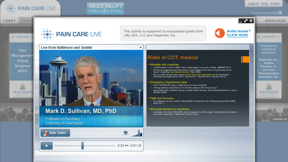 A screenshot of the homepage of a website called "Pain Care Live". The website has a blue and white color scheme with a large image of a man's face in the center. The man is Mark D. Sullivan MD PhD and he is wearing a suit and tie. He is looking directly at the camera with a serious expression on his face. On the left side of the image there is a banner that reads "Live from Baltimore and Seattle" and on the right side there are two tabs - "Risks of COT medical" and "Audio Issues". <br /><br />At the top of the page there has a search bar and a button that says "Need Help?". Below the search bar there appears to be a menu bar with options such as "Logout" "Help" and "Help". There is also a "Help" button and a "Cancel" button. The overall design of the website is modern and professional.