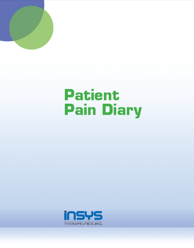 A cover page of a patient pain diary. The background is white and the title of the diary is written in green text in the center. On the left side of the page there is a blue circle with a green dot in the middle. The word "Patient Pain Diary" is written below the title in a smaller font size. The logo of Insys Therapeutics Inc. is also visible in the bottom right corner. The overall design is simple and minimalistic.