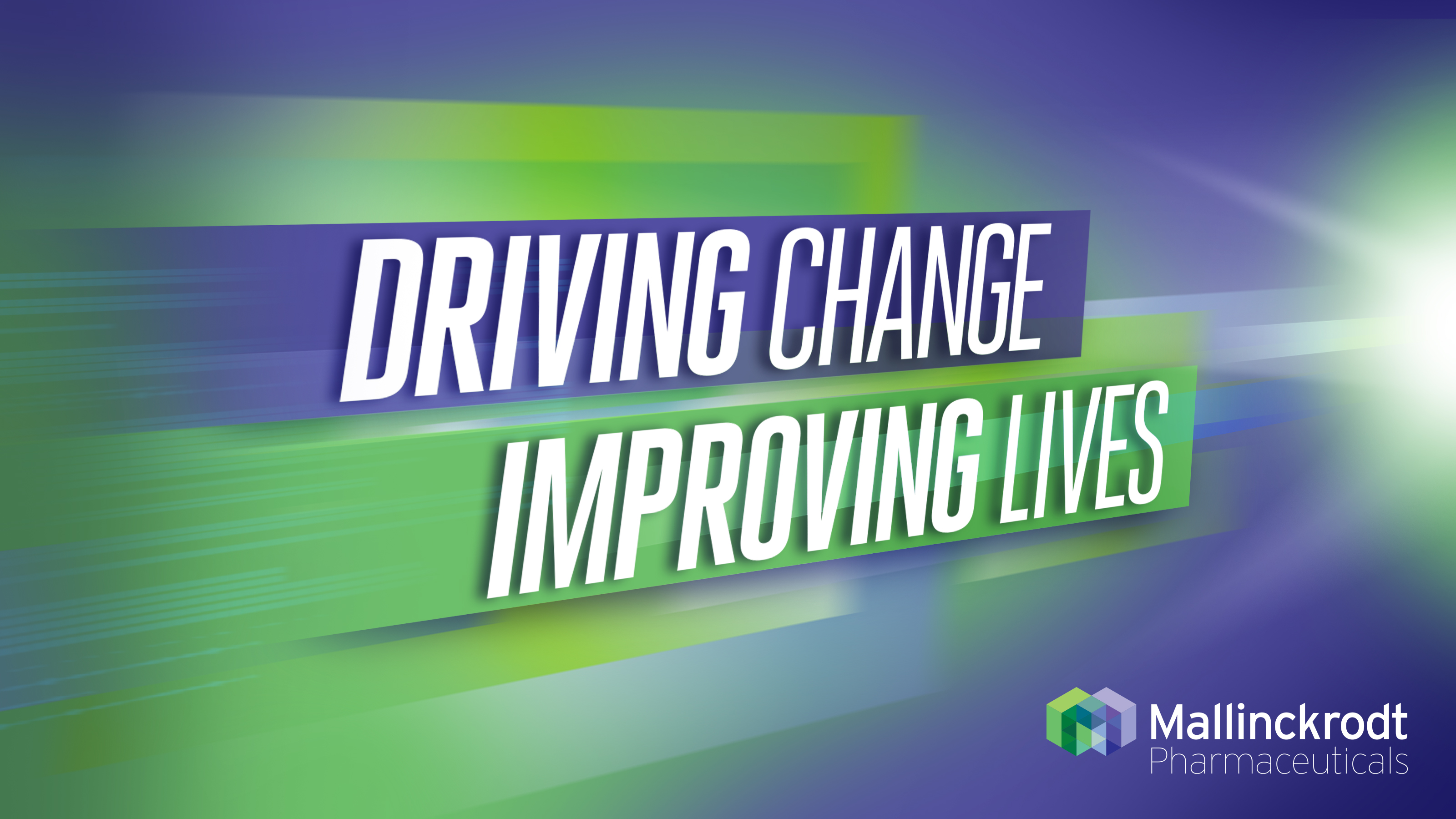 A graphic design with a blue and green gradient background. The background has a gradient effect with the blue on the left side and the green on the right side. In the center of the image there is a white text that reads "Driving Change Improving Lives" in a bold sans-serif font. The text is centered in the image and is surrounded by a green and blue striped pattern. The overall design is modern and eye-catching.