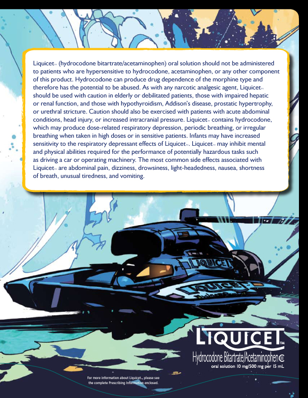 An illustration of a black and blue boat with the word "LIQUICET" written on it. The boat appears to be floating on a body of water with a blue and green background. The text on the image reads "Liquicet - Hydrocodone Bitrate/Acetaminophen oral solution should not be administered". The text is written in white and is in a bold sans-serif font. Below the text there is a description of the product.