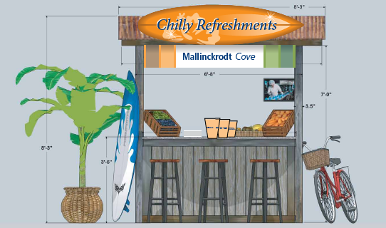 A 3D rendering of a small kiosk called "Chilly Refreshments Mallinckrodt Cove". The kiosk is made of wood and has a wooden roof with a sign that reads "Mallinckrodt Cove" above it. There are three stools in front of the kiosk and a bicycle parked next to it. On the left side of the image there is a large potted plant with green leaves and a blue surfboard leaning against the wall. There is also a basket of fruit and a picture frame on the wall behind the counter. The dimensions of the booth are also visible in the image. It appears that the company Mallinckrodt was sponsoring a tiki-style refreshment bar possibly for a conference or other event.