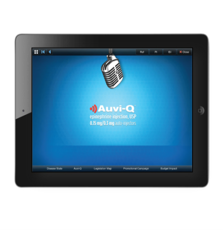 Of a black tablet with a blue screen. On the screen there is a logo of a microphone with the text "Auvi-Q" above it. Below the logo there are two options - "Epinephrine injection USP" and "0.15 mg/0.3 mg auto-injectors". The text below the logo is in white and is in a modern sans-serif font. The tablet appears to be a modern device with a sleek design.